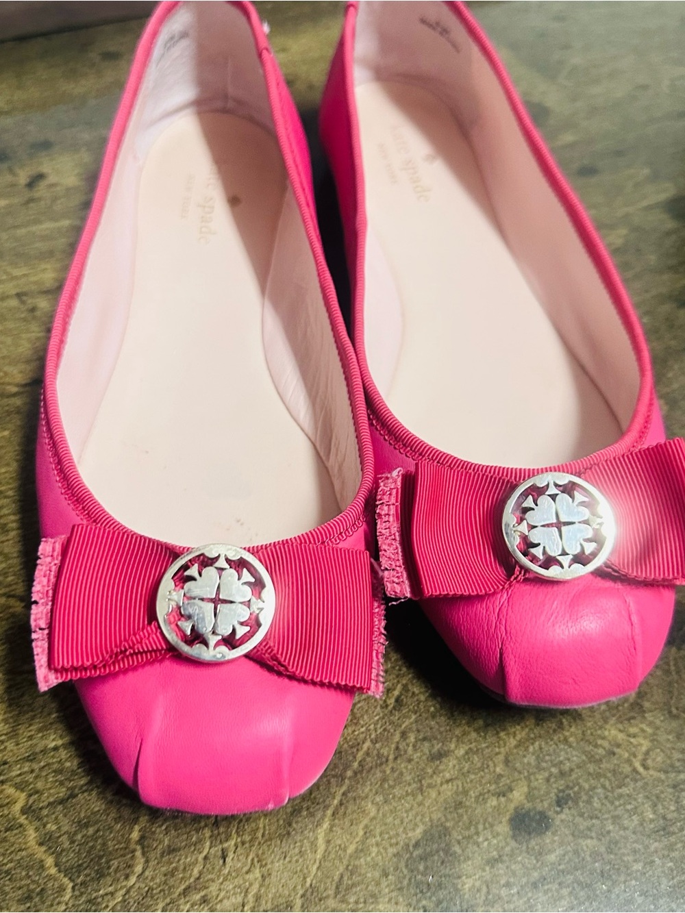 kate spade Hot Pink Leather Bow Ballet Flats with Logo Medallion